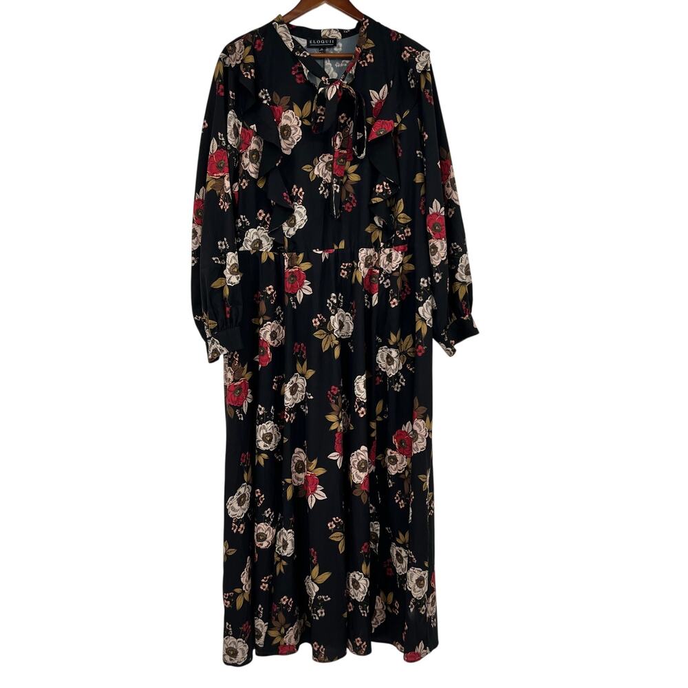 Eloquii Black Floral Print Pleated Boho Long Sleeve Maxi Dress Woman's Size 22
